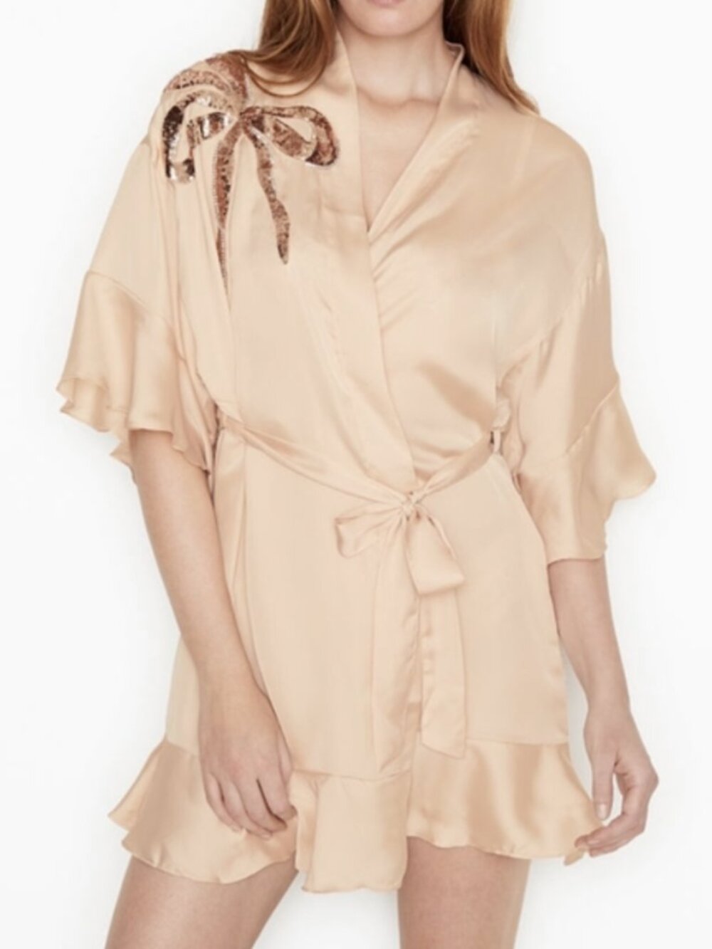 ✰ champagne victoria’s secret satin robe with sequin ribbon bow detail ✰
